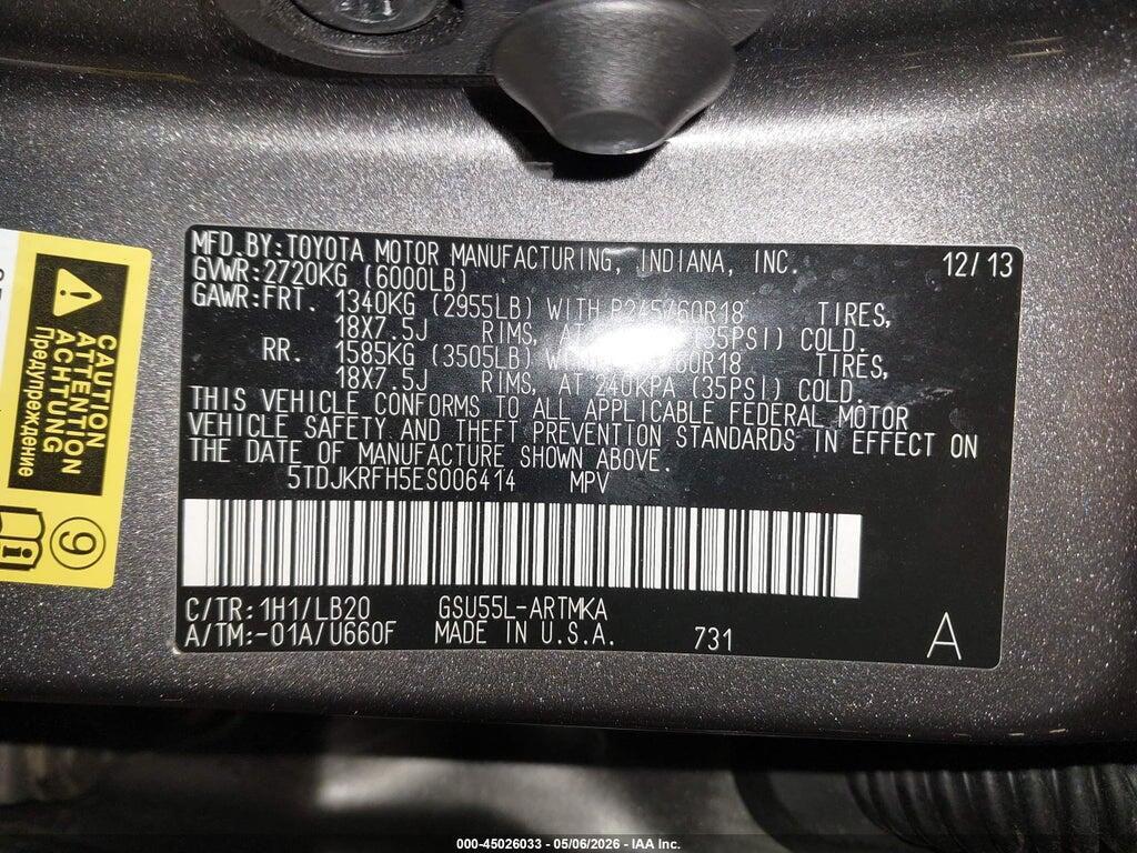5TDJKRFH5ES006414 2014 TOYOTA HIGHLANDER photo no. 9