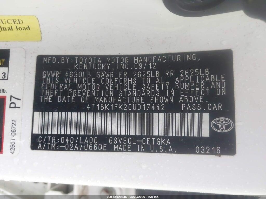 4T1BK1FK2CU017442 2012 TOYOTA CAMRY photo no. 9