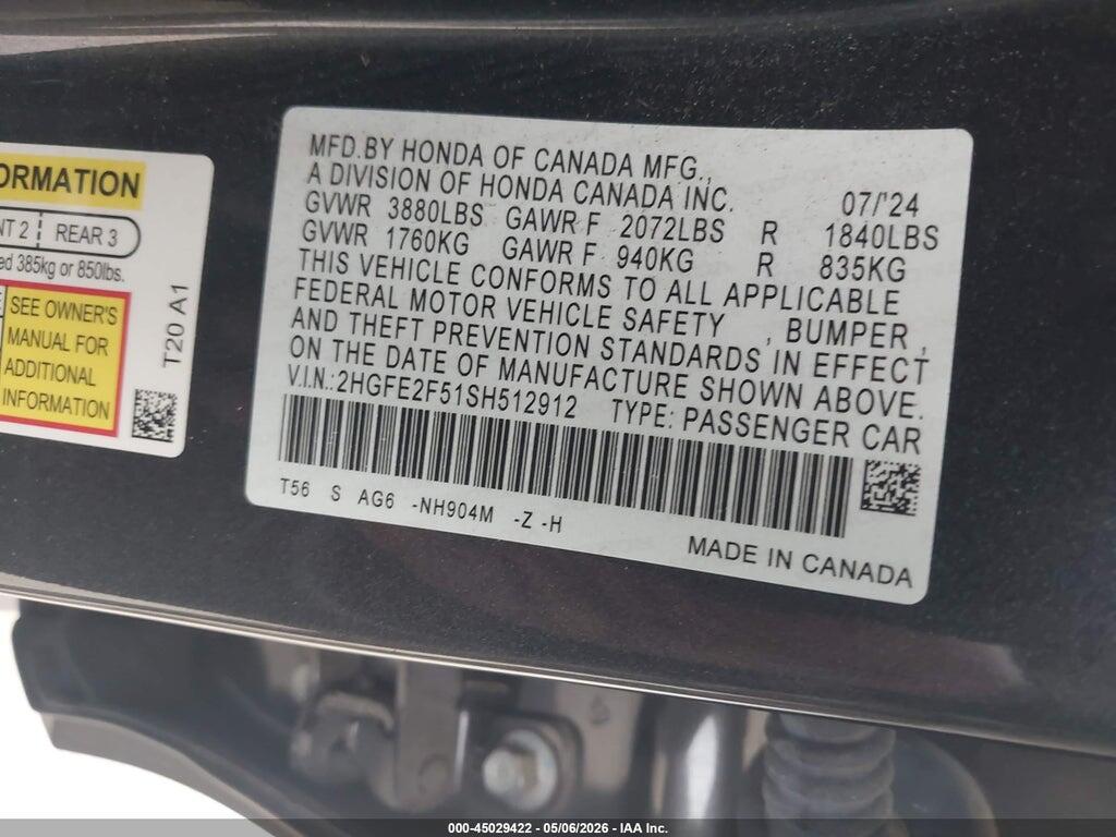 2HGFE2F51SH512912 2025 HONDA CIVIC photo no. 9
