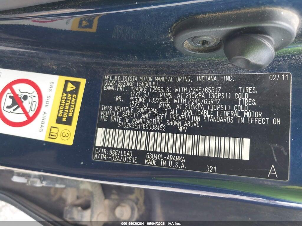 5TDZK3EH1BS038452 2011 TOYOTA HIGHLANDER photo no. 9