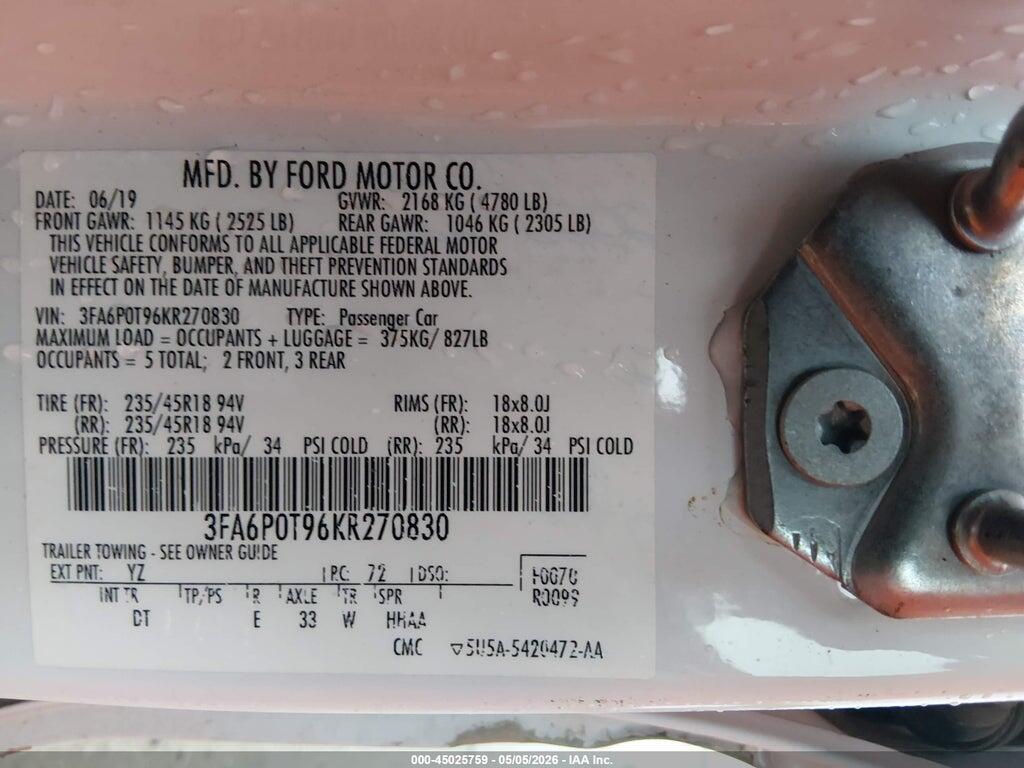 3FA6P0T96KR270830 2019 FORD FUSION photo no. 9