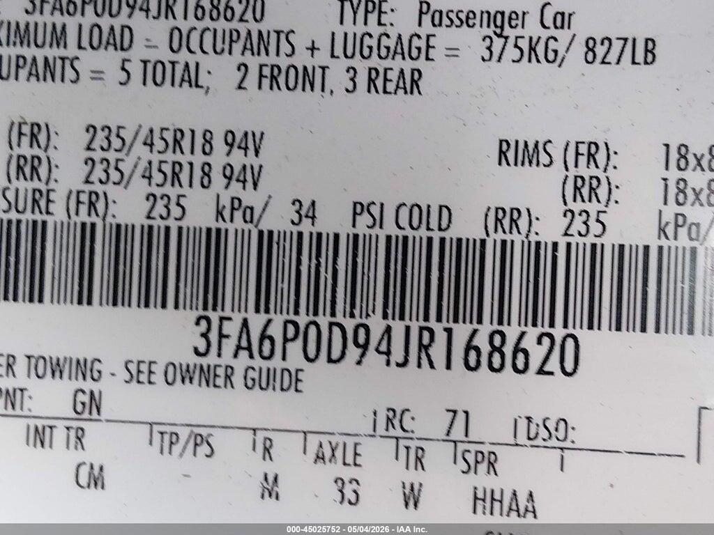 3FA6P0D94JR168620 2018 FORD FUSION photo no. 9