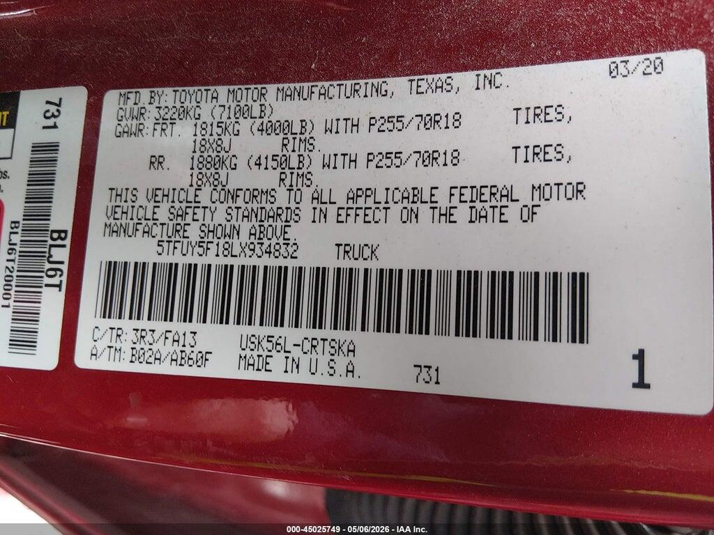 5TFUY5F18LX934832 2020 TOYOTA TUNDRA photo no. 9