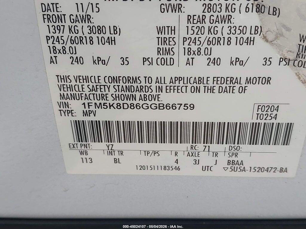 1FM5K8D86GGB66759 2016 FORD EXPLORER photo no. 9