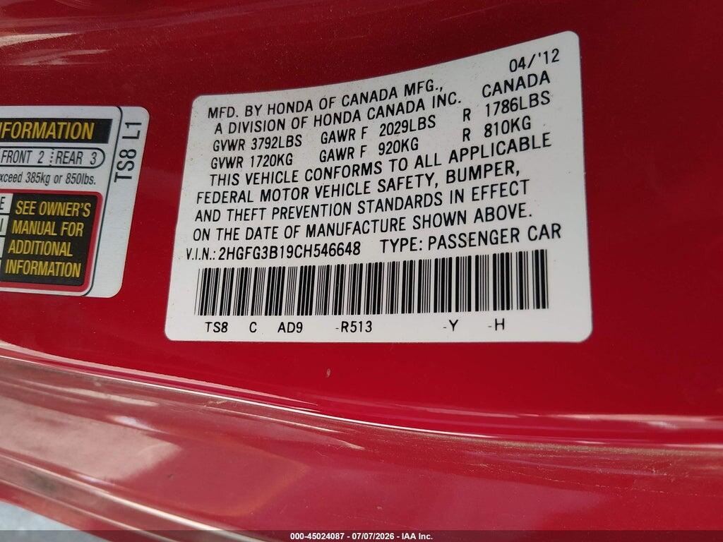 2HGFG3B19CH546648 2012 HONDA CIVIC photo no. 9