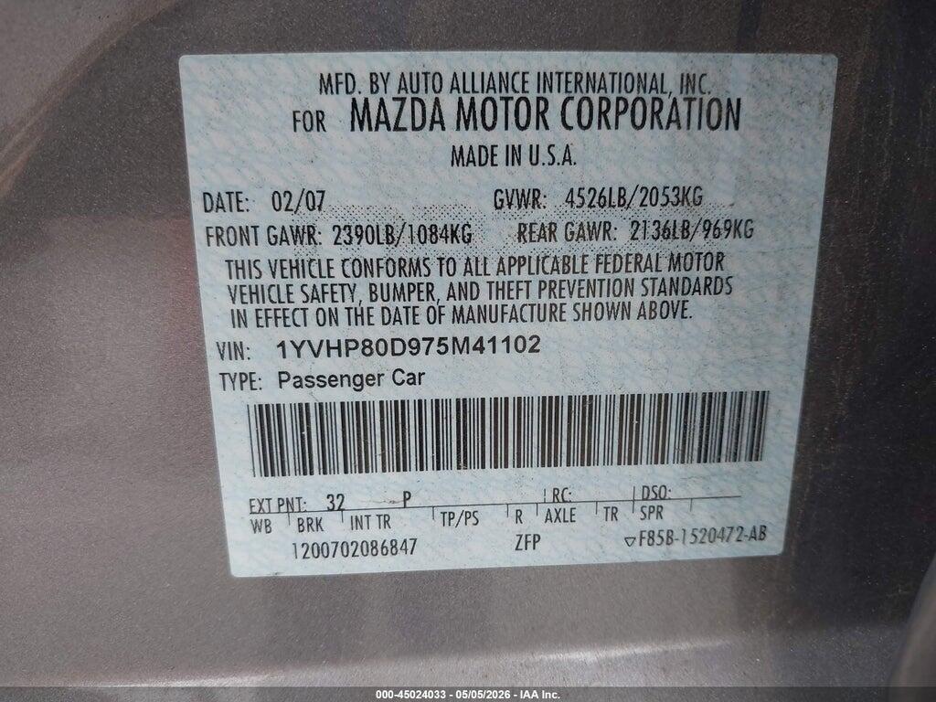 1YVHP80D975M41102 2007 MAZDA MAZDA6 photo no. 9