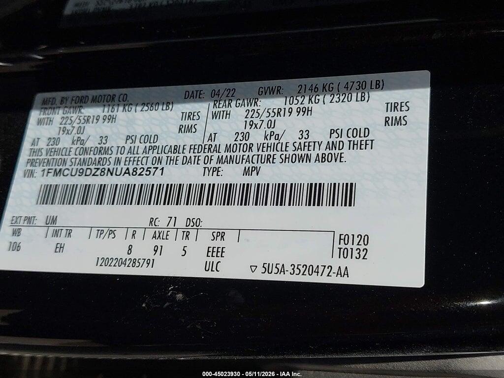1FMCU9DZ8NUA82571 2022 FORD ESCAPE photo no. 9
