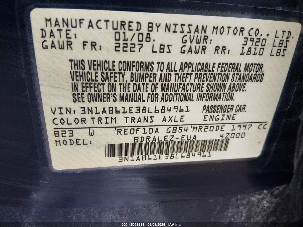 3N1AB61E38L684961 2008 NISSAN SENTRA photo no. 9