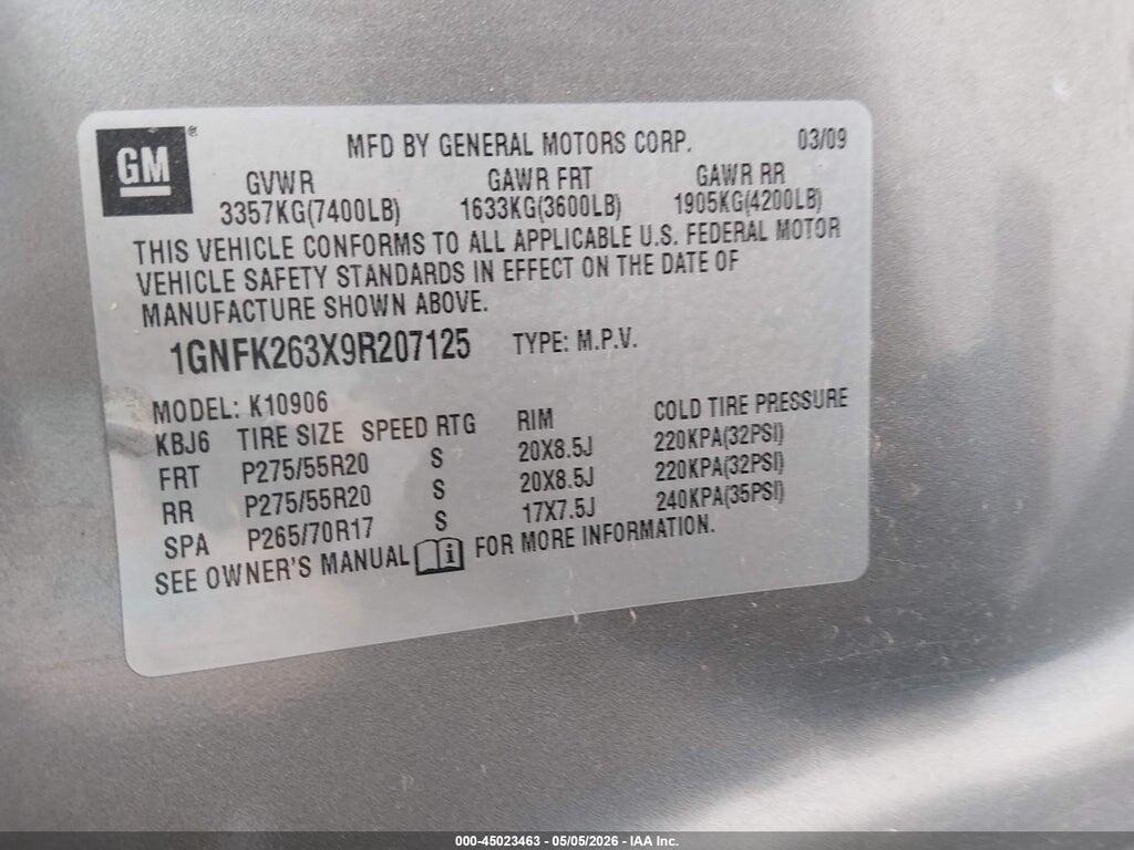 1GNFK263X9R207125 2009 CHEVROLET SUBURBAN 1500 photo no. 9