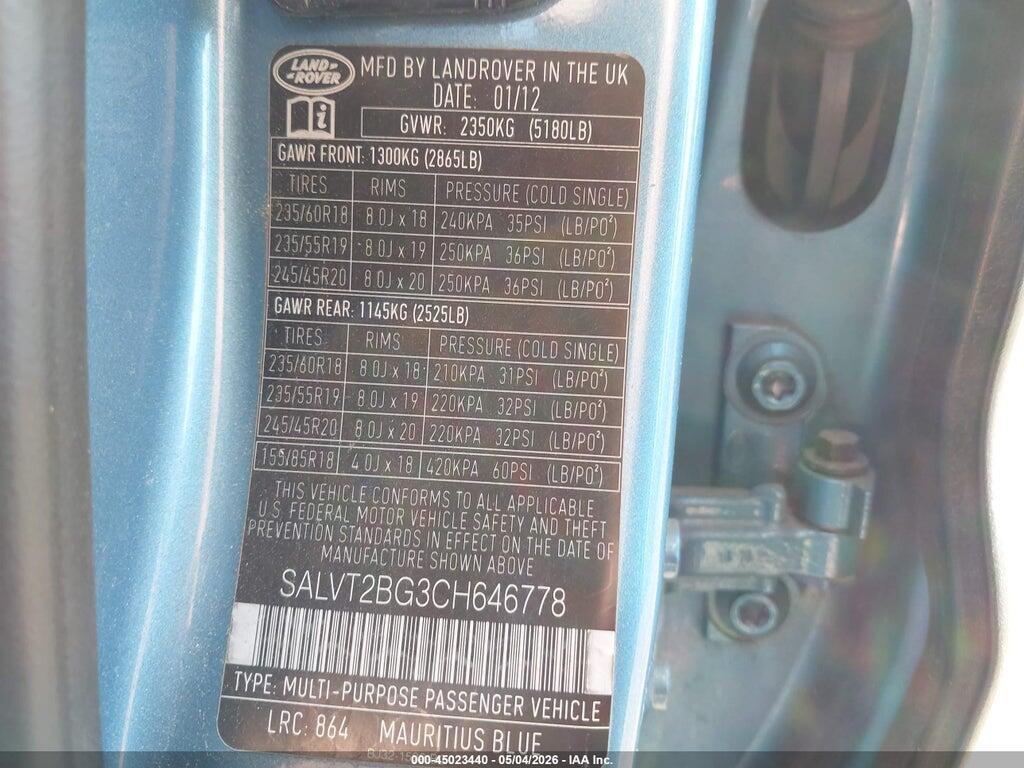 SALVT2BG3CH646778 2012 LAND ROVER RANGE ROVER EVOQUE photo no. 9