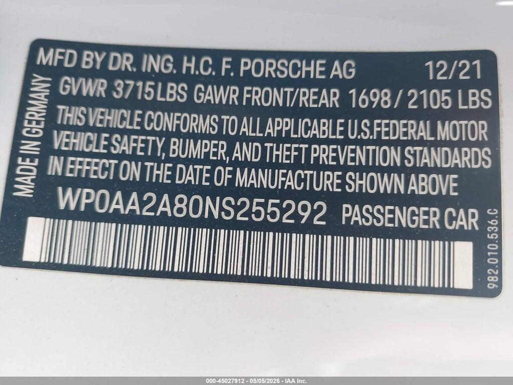 WP0AA2A80NS255292 2022 PORSCHE 718 CAYMAN photo no. 9