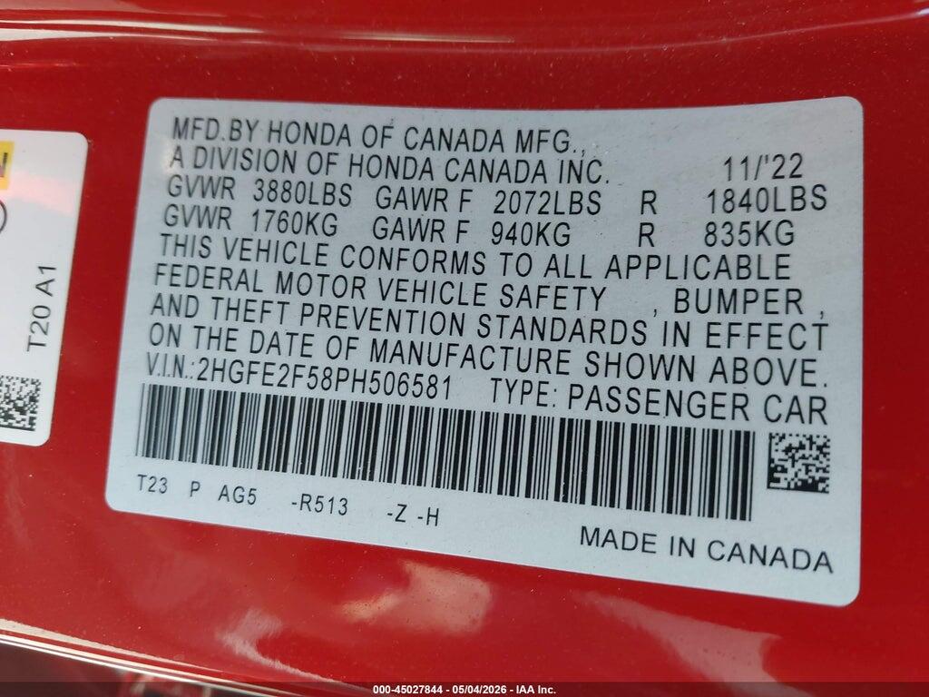2HGFE2F58PH506581 2023 HONDA CIVIC photo no. 9
