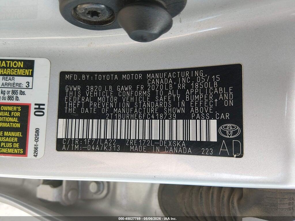 2T1BURHE6FC418739 2015 TOYOTA COROLLA photo no. 9