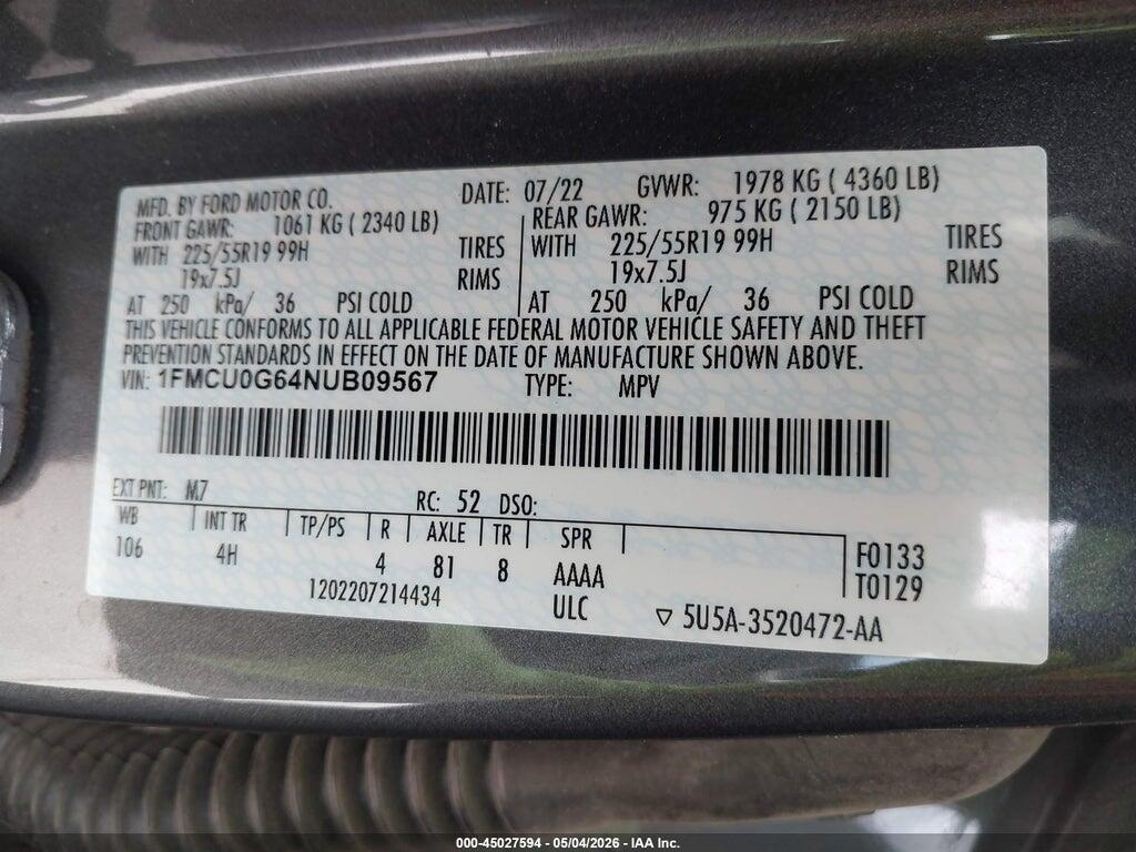 1FMCU0G64NUB09567 2022 FORD ESCAPE photo no. 9