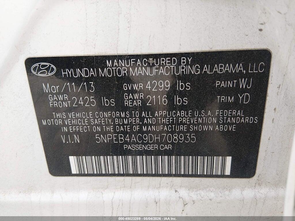 5NPEB4AC9DH708935 2013 HYUNDAI SONATA photo no. 9