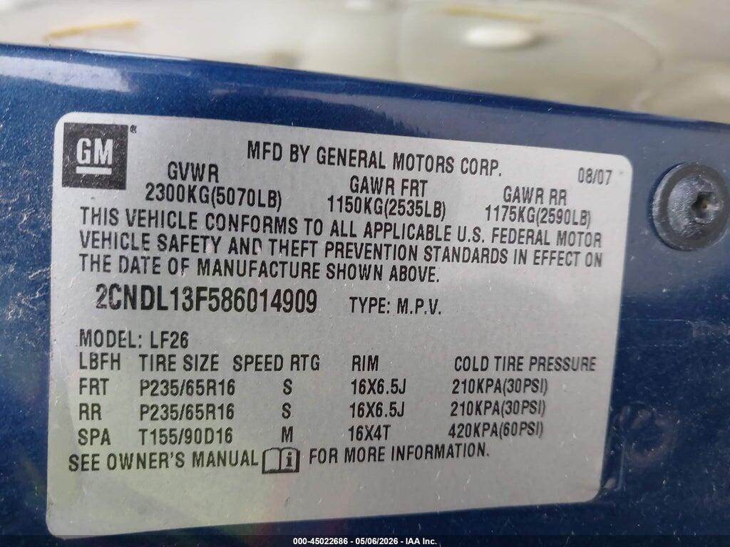2CNDL13F586014909 2008 CHEVROLET EQUINOX photo no. 9