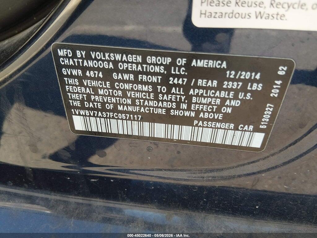 1VWBV7A37FC057117 2015 VOLKSWAGEN PASSAT photo no. 9