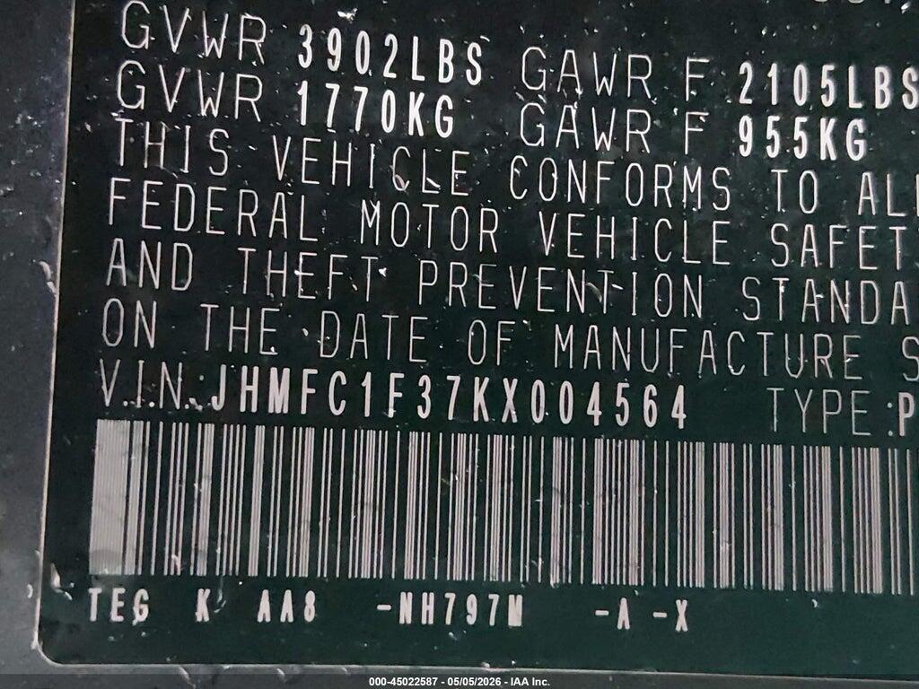 JHMFC1F37KX004564 2019 HONDA CIVIC photo no. 9