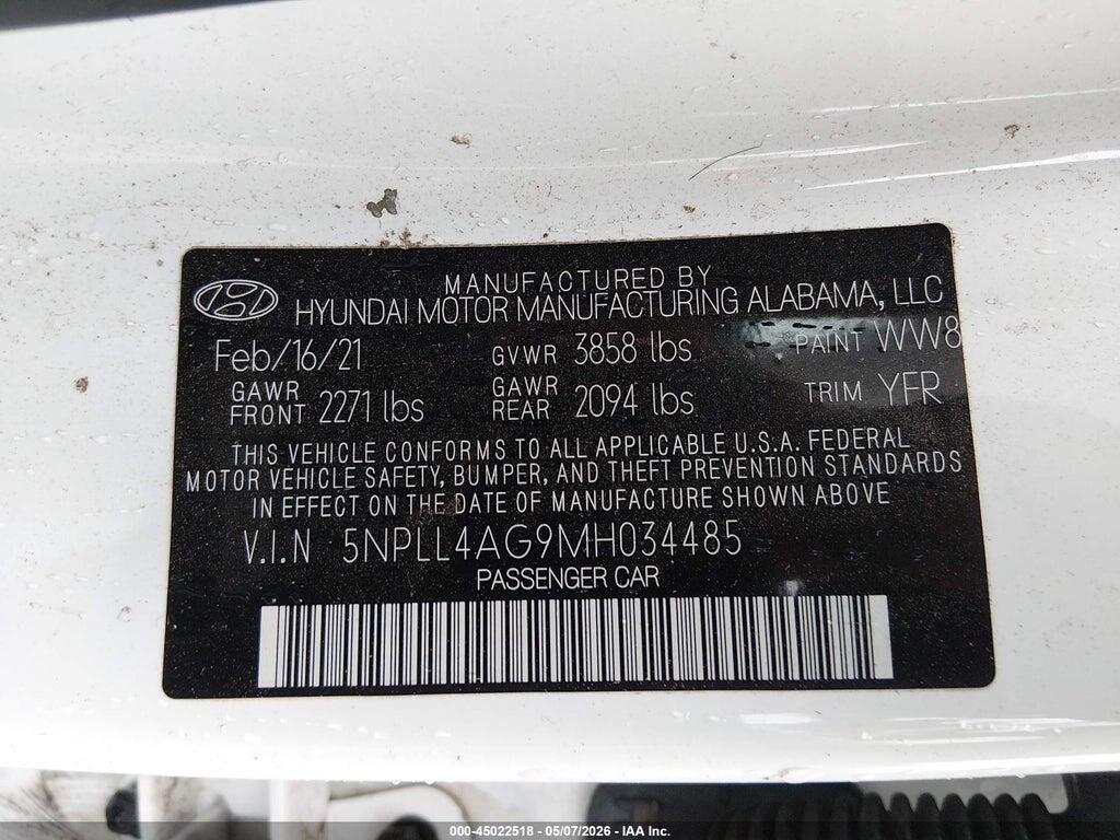5NPLL4AG9MH034485 2021 HYUNDAI ELANTRA photo no. 9