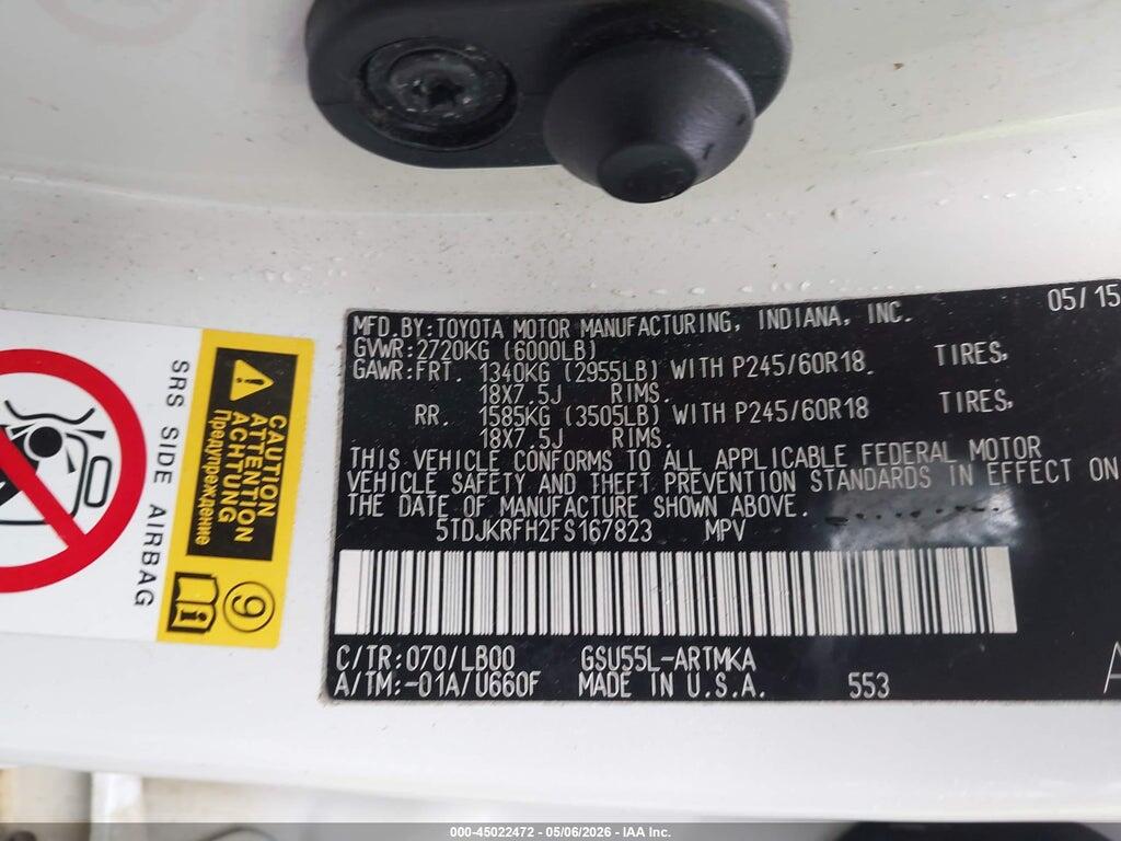 5TDJKRFH2FS167823 2015 TOYOTA HIGHLANDER photo no. 9