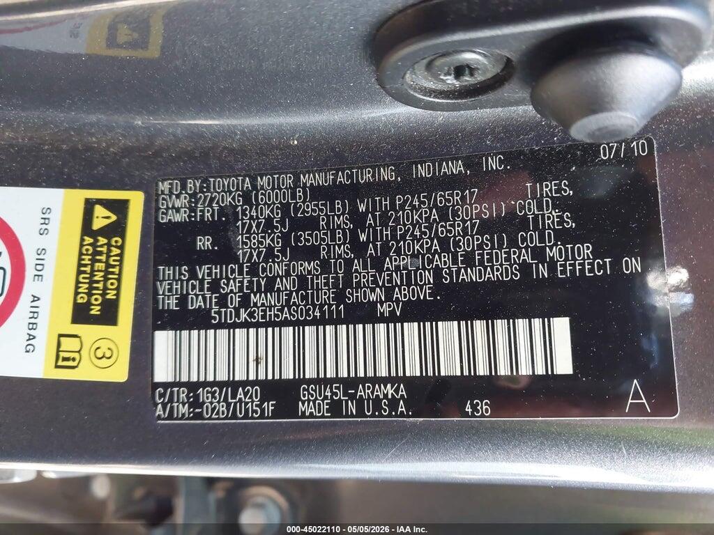 5TDJK3EH5AS034111 2010 TOYOTA HIGHLANDER photo no. 9