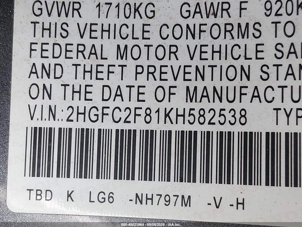 2HGFC2F81KH582538 2019 HONDA CIVIC photo no. 9