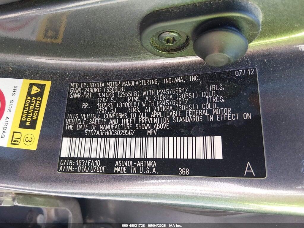 5TDZA3EH0CS029567 2012 TOYOTA HIGHLANDER photo no. 9