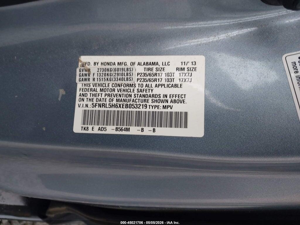 5FNRL5H6XEB053219 2014 HONDA ODYSSEY photo no. 9