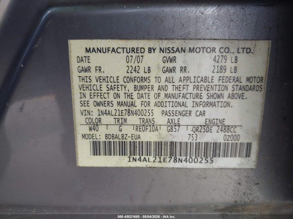 1N4AL21E78N400255 2008 NISSAN ALTIMA photo no. 9