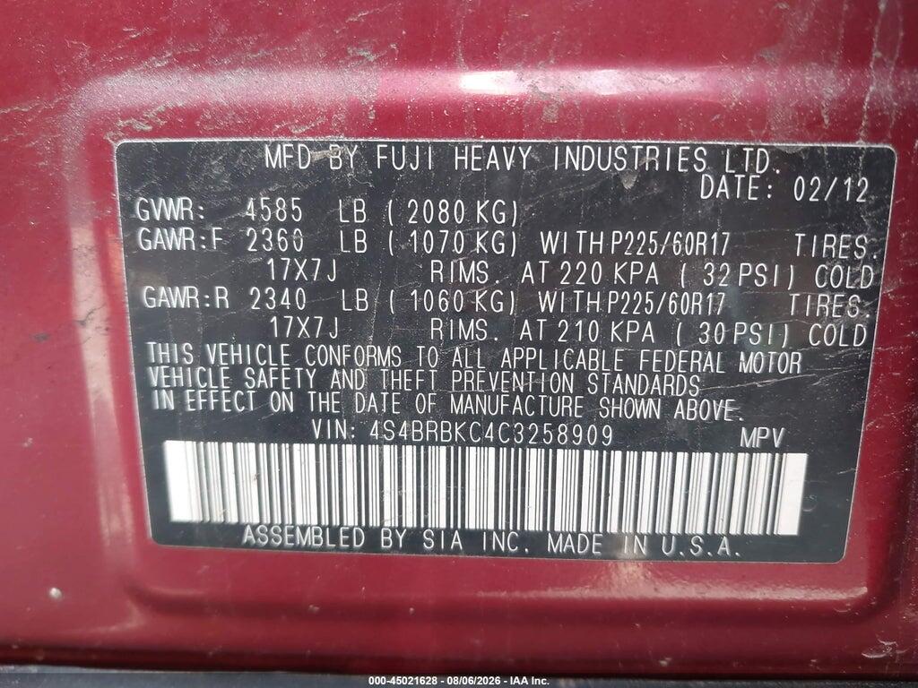 4S4BRBKC4C3258909 2012 SUBARU OUTBACK photo no. 9