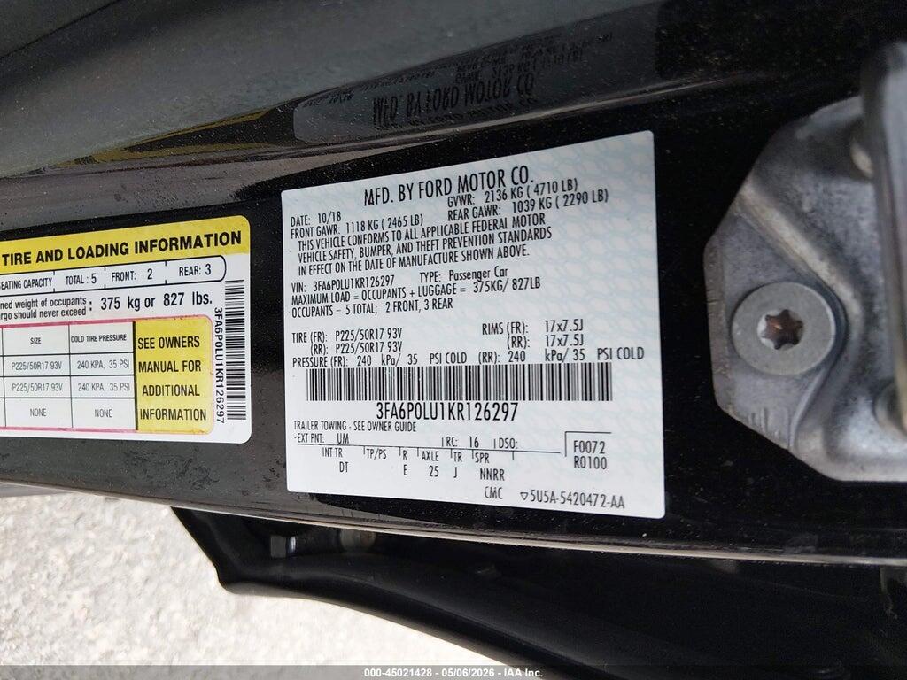 3FA6P0LU1KR126297 2019 FORD FUSION HYBRID photo no. 9