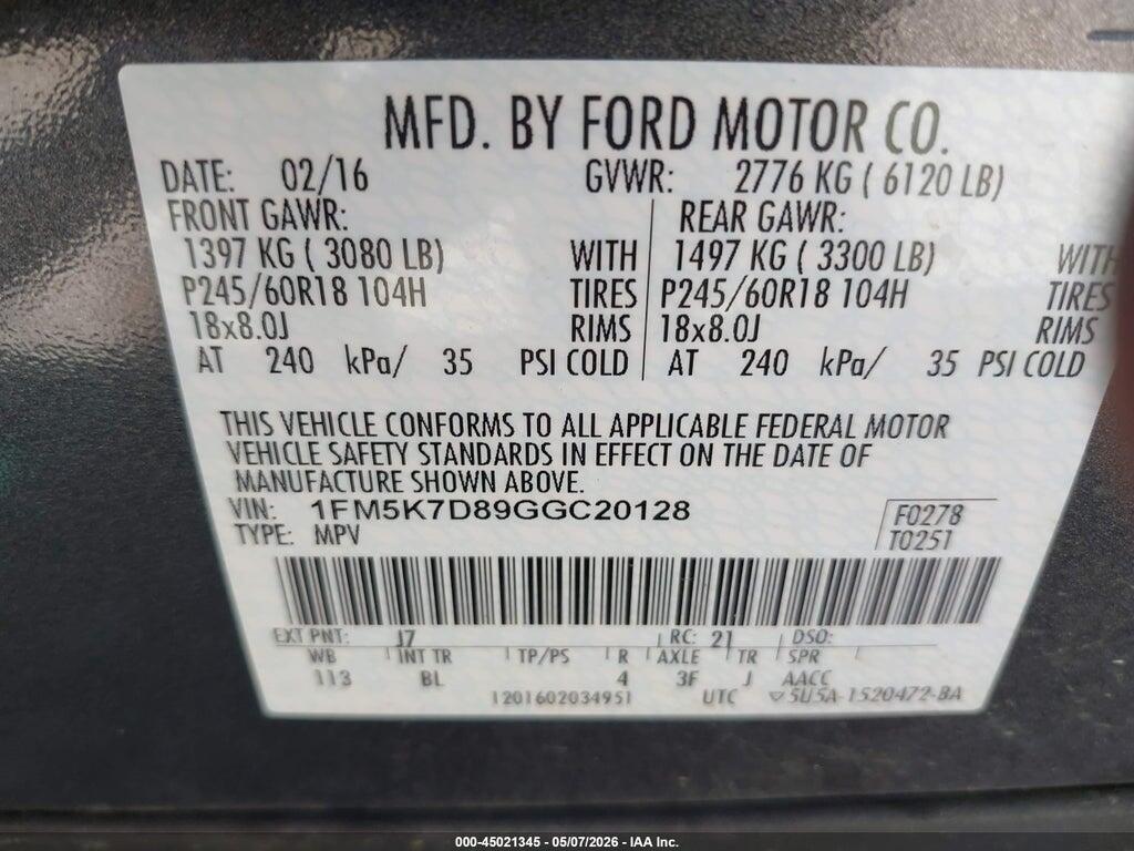 1FM5K7D89GGC20128 2016 FORD EXPLORER photo no. 9