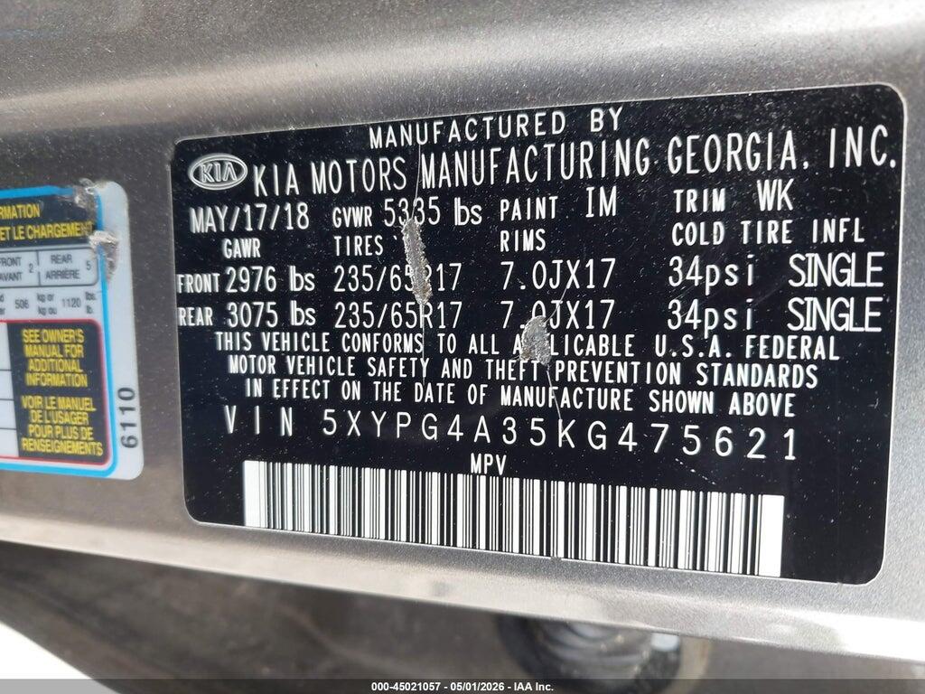5XYPG4A35KG475621 2019 KIA SORENTO photo no. 9