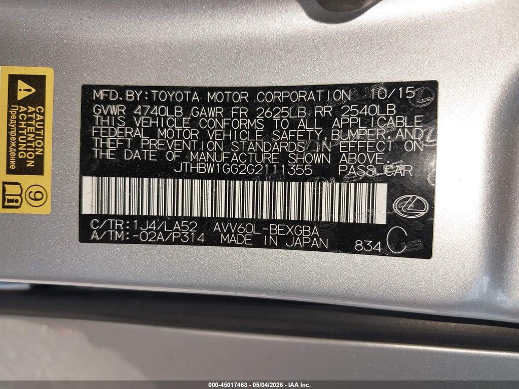 JTHBW1GG2G2111355 2016 LEXUS ES 300H photo no. 9