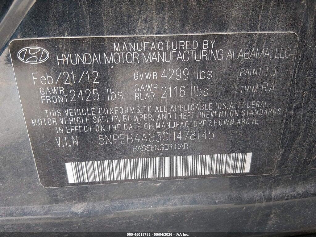 5NPEB4AC3CH478145 2012 HYUNDAI SONATA photo no. 9