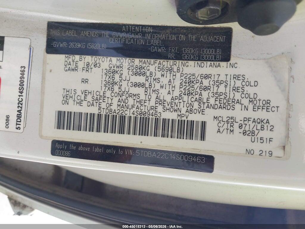 5TDBA22C14S009463 2004 TOYOTA SIENNA photo no. 9