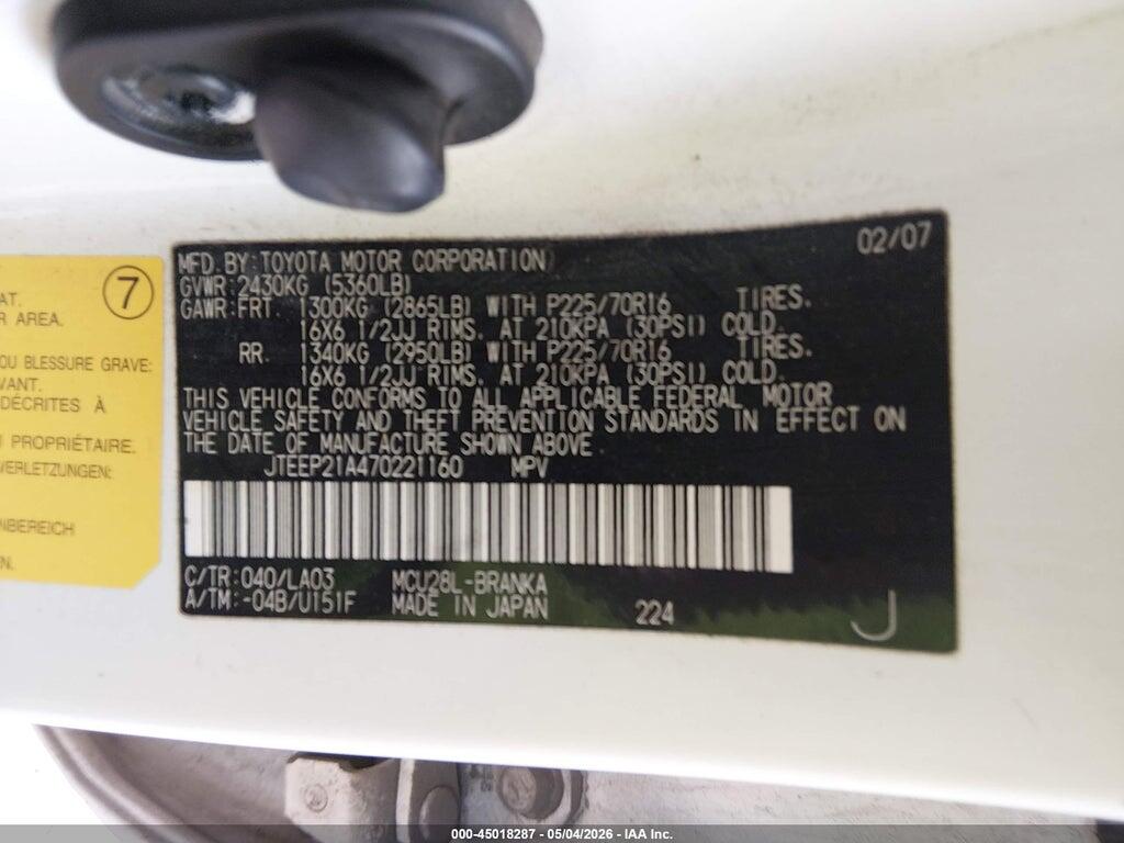 JTEEP21A470221160 2007 TOYOTA HIGHLANDER photo no. 9