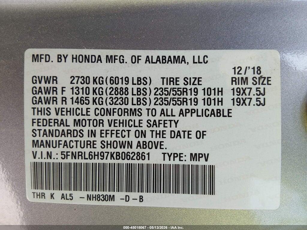 5FNRL6H97KB062861 2019 HONDA ODYSSEY photo no. 9