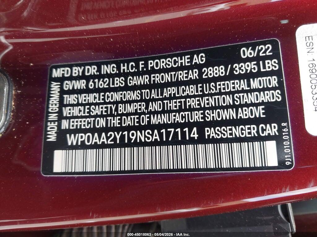 WP0AA2Y19NSA17114 2022 PORSCHE TAYCAN photo no. 9