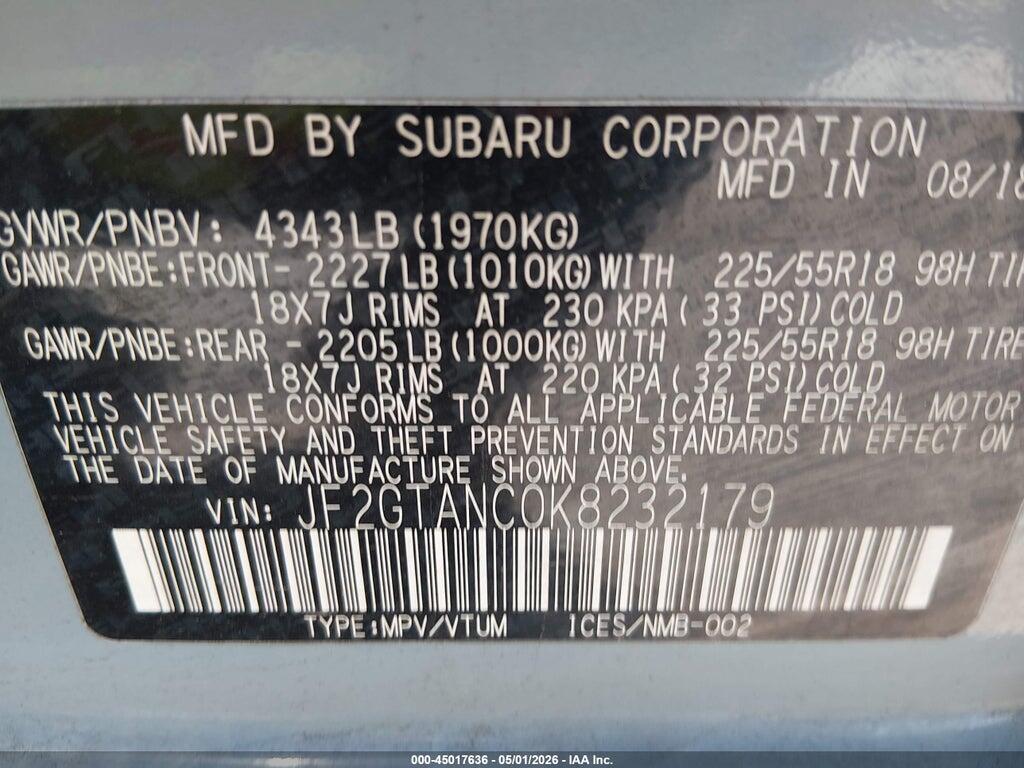 JF2GTANC0K8232179 2019 SUBARU CROSSTREK photo no. 9