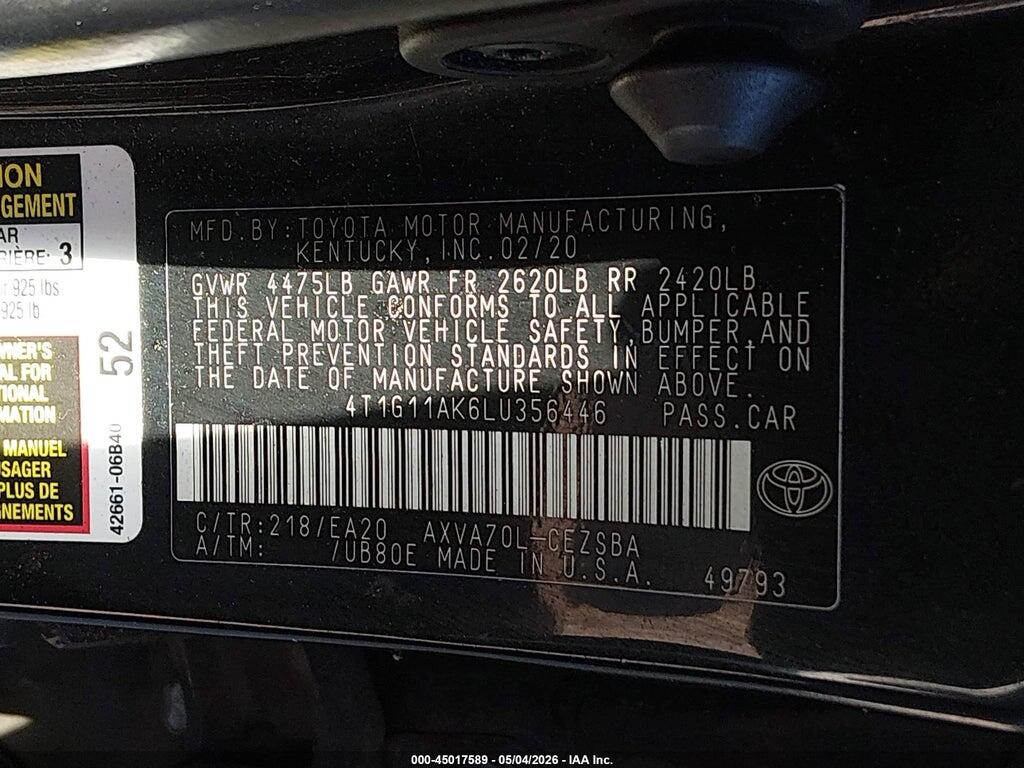 4T1G11AK6LU356446 2020 TOYOTA CAMRY photo no. 9