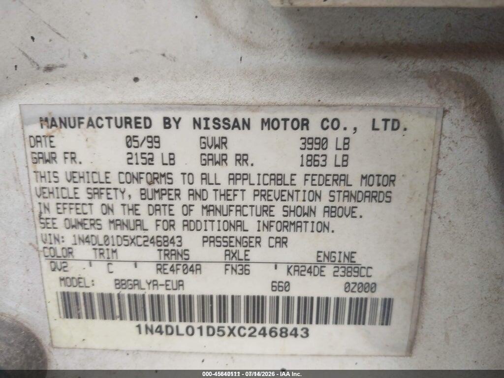 1N4DL01D5XC246843 1999 NISSAN ALTIMA photo no. 9