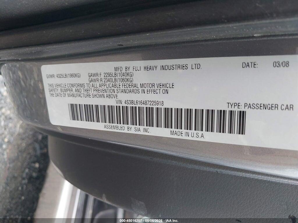 4S3BL616487225918 2008 SUBARU LEGACY photo no. 9