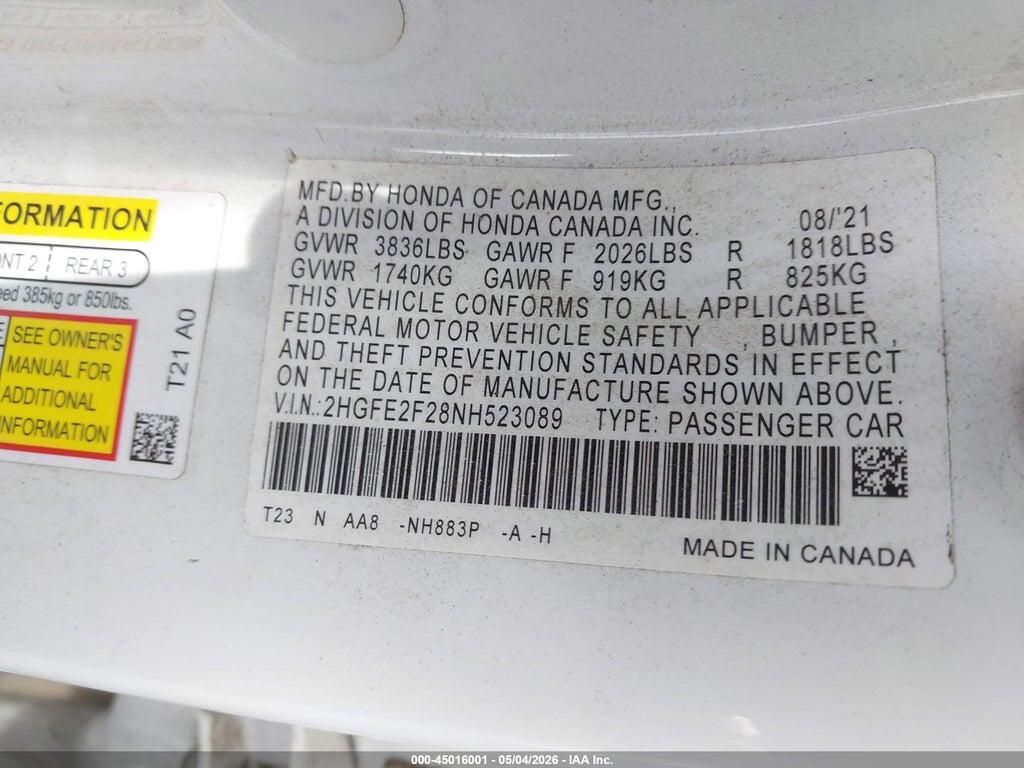2HGFE2F28NH523089 2022 HONDA CIVIC photo no. 9