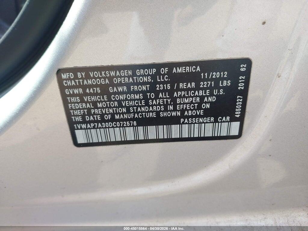 1VWAP7A30DC072576 2013 VOLKSWAGEN PASSAT photo no. 9