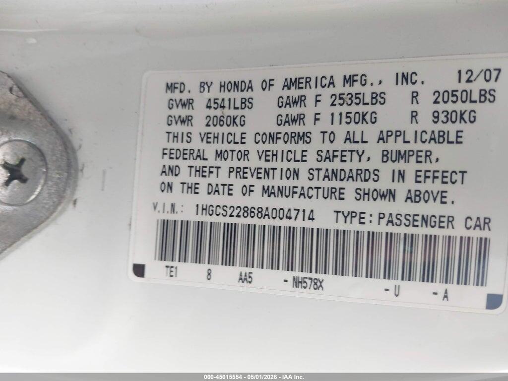 1HGCS22868A004714 2008 HONDA ACCORD photo no. 9