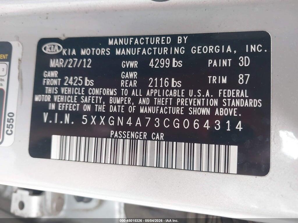 5XXGN4A73CG064314 2012 KIA OPTIMA photo no. 9