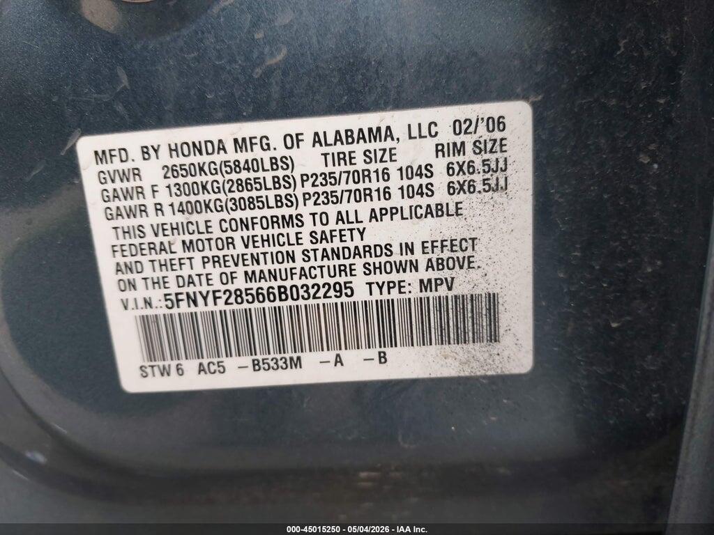 5FNYF28566B032295 2006 HONDA PILOT photo no. 9