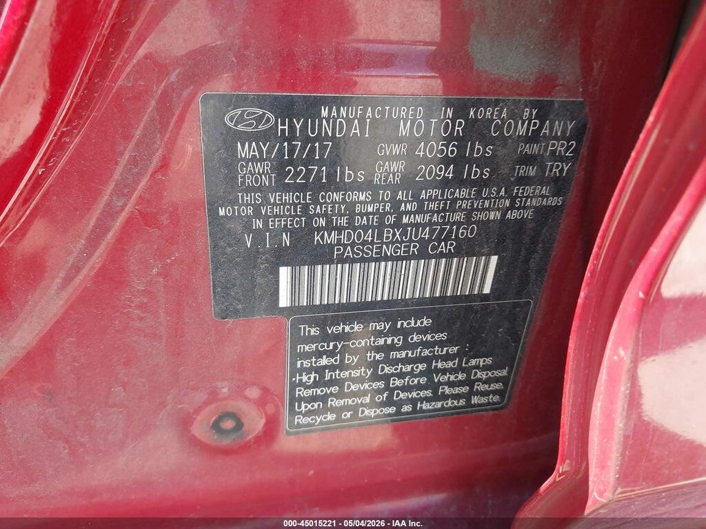 KMHD04LBXJU477160 2018 HYUNDAI ELANTRA photo no. 9