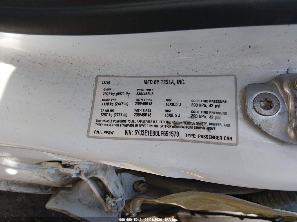 5YJ3E1EB0LF651570 2020 TESLA MODEL 3 photo no. 9